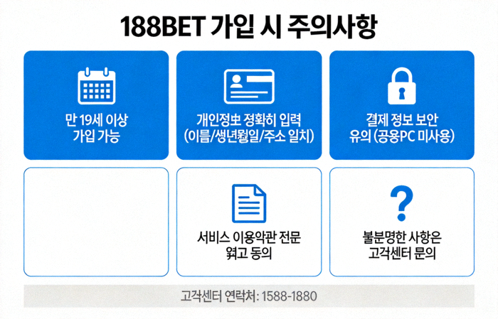 188BET 가입 시 주의해야 할 사항을 그래픽으로 설명한 인포그래픽 이미지