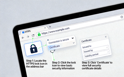 브라우저 주소창에서 HTTPS 자물쇠 아이콘과 보안 인증서를 확인하는 방법을 보여주는 예시 이미지