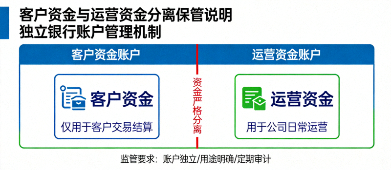 고객 자금이 운영 자금과 분리된 별도 은행 계좌에 보관되는 것을 설명하는 인포그래픽