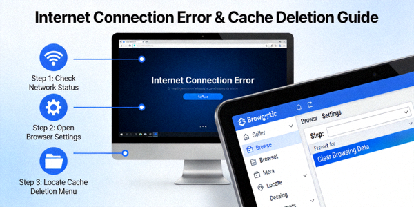 인터넷 연결 오류 화면과 브라우저 캐시 삭제 메뉴 위치를 안내하는 문제 해결 과정 이미지