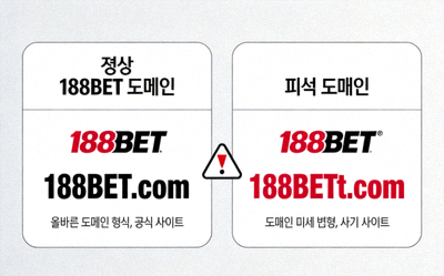 정상적인 188BET 도메인 이름과 유사 피싱 도메인 이름을 비교하여 보여주는 예시 이미지