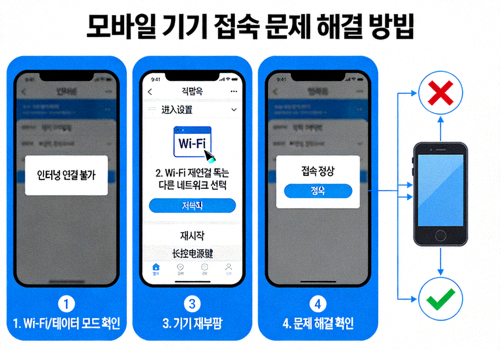 모바일 기기에서 접속 문제를 해결하는 방법을 설명하는 이미지