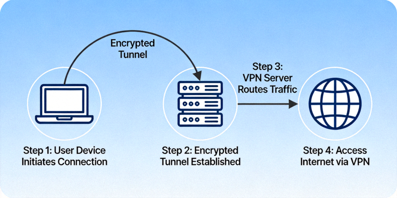 VPN 작동 원리 다이어그램 - 사용자 장치에서 암호화된 터널을 통해 VPN 서버를 거쳐 인터넷에 접속하는 과정