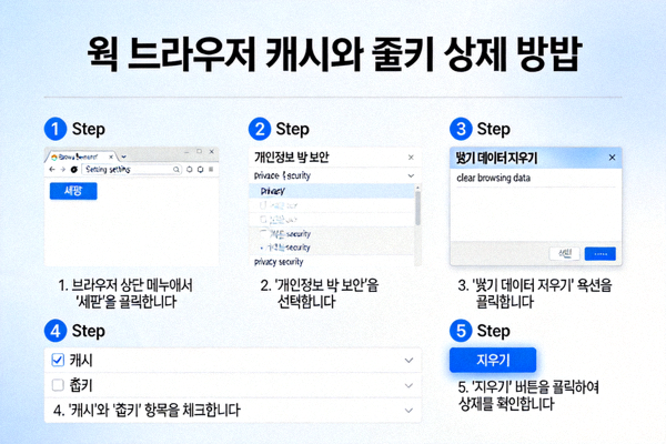 웹 브라우저 캐시와 쿠키 삭제 방법을 보여주는 스크린샷
