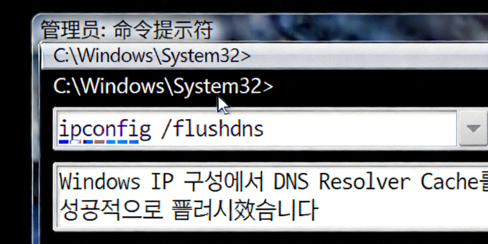 Windows 명령 프롬프트에서 DNS 캐시를 플러시하는 명령어를 입력하는 과정