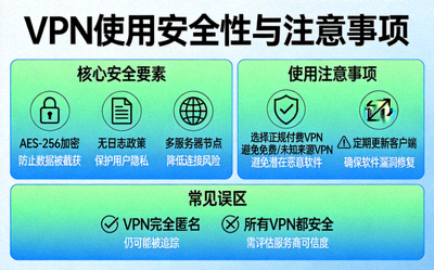 VPN 사용의 안전성과 주의사항을 설명하는 인포그래픽 이미지